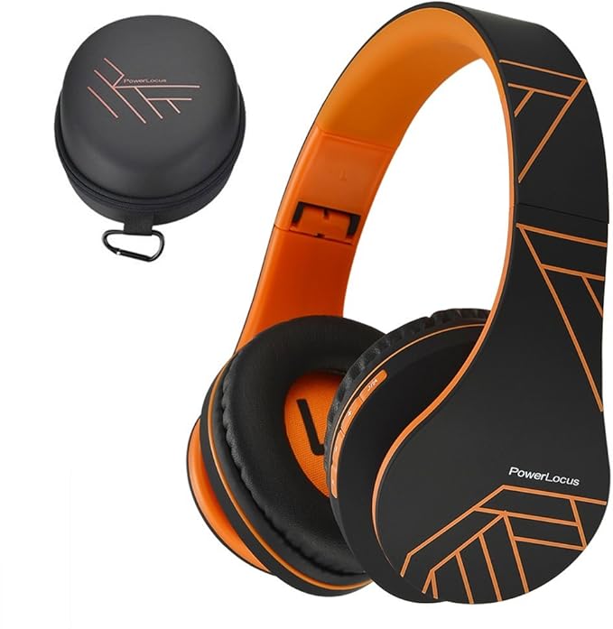 PowerLocus Bluetooth Over-Ear Headphones, Wireless Stereo Foldable Headphones Wireless and Wired Headsets with Built-in Mic, Micro SD/TF, FM for iPhone/Samsung/iPad/PC (Black/Orange)
