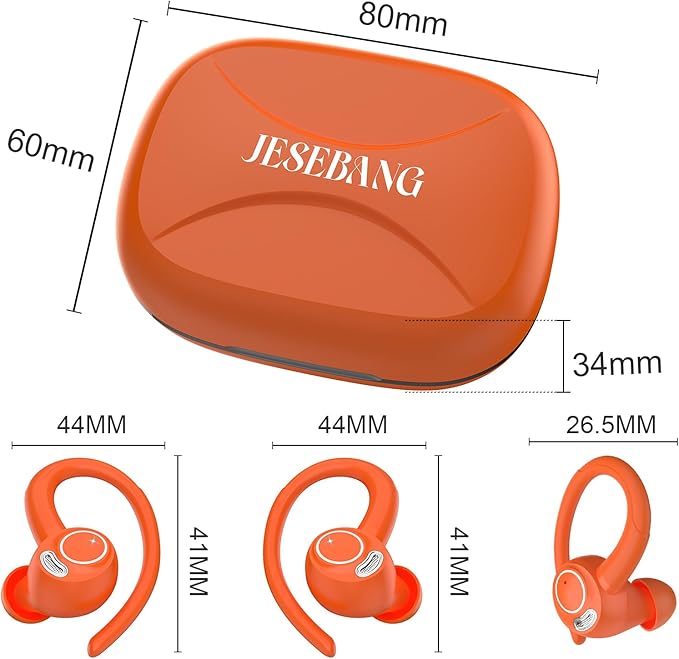 Wireless Earbuds, Bluetooth 5.4 Headphones Sport, Over Ear Buds With ENC Noise Cancelling Mic, 48H, Wireless Earphone With Earhooks, Stereo Deep Bass, IP7 Waterproof ear bud for Workout Running,Orange