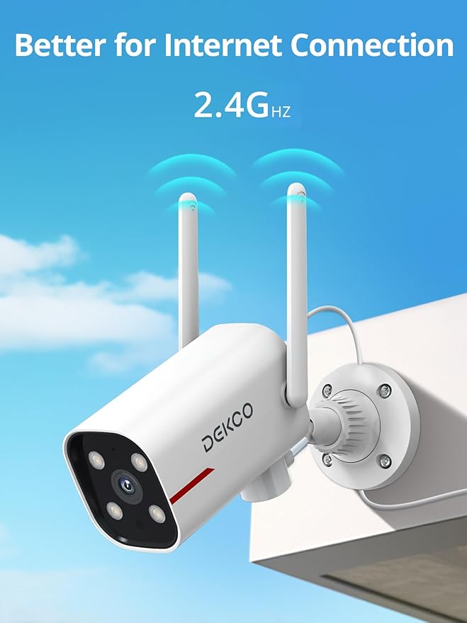 DEKCO WiFi Camera 2K Pan Rotating 180° Wired Outdoor Security Cameras with Color Night Vision, Support 24/7 Recording, 2.4G WiFi, AI Human Auto Tracking, Work with Alexa/Google Assistant (1 Pack)