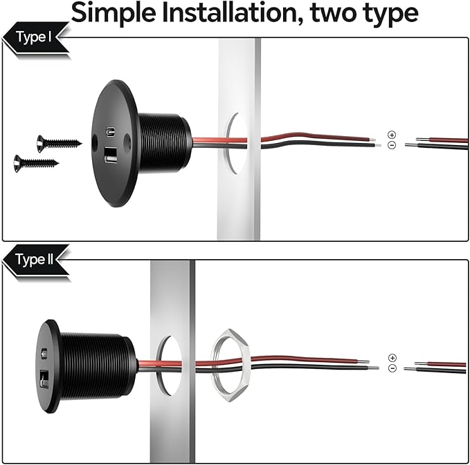 Acegoo RV USB Outlet All-Aluminum Type A + Type C Ports 12V/24V USB Charger, Recessed Mount 24W High-speed Charging Socket, PD3.0 & QC3.0 Fast Charger for Camper Trailer Van Car Boat Golf Cart