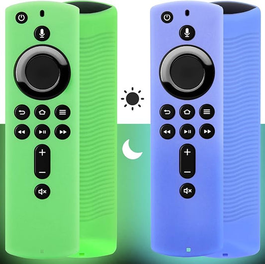 [2 Pack] Firestick Remote Cover Case (Glow in the Dark) Compatible with Fire TV Stick 4K (2018) Alexa Voice Remote Control (Green & Sky Blue)