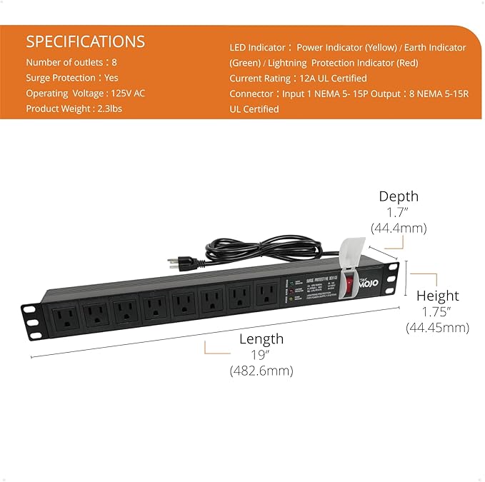 Tecmojo 1U Rack-Mount Horizontal 8-Outlet Power Strip UL Listed PDU with Surge Protection LED Indicators 6ft Cord Power Distribution for IT and Network Server Racks