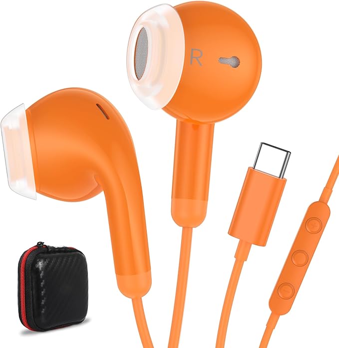 USB C Earbuds USB Type-C Headphones for iPad 10th Generation iPhone 17 16 Pro 15 Plus Galaxy S21 Wired Headphone Earphones with Microphone Volume Control Noise Isolating HiFi Stereo Headset Orange