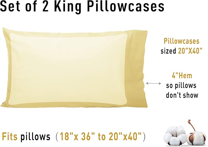 Sunflower King Pillowcases Set of 2, 100% Cotton King Size Pillow Cases 2, 20×40 inches Honeyed Straw, Soft and Breathable