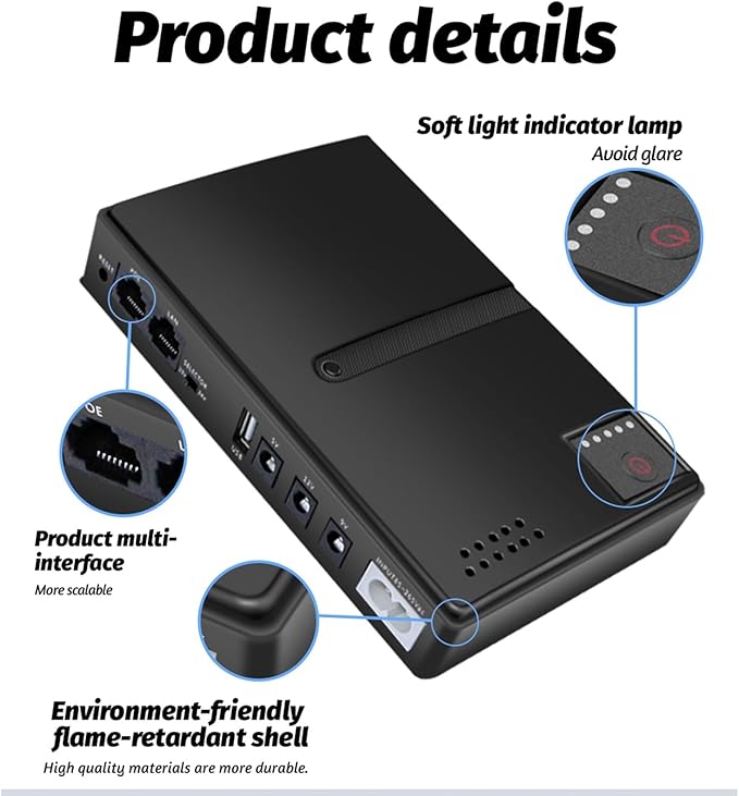UPS Battery Backup, 15V 24V POE, 5V 9V 12V USB, Portable Standby Uninterruptible Power Supply, Replaceable Battery Design, for Phone Camera Router (US Plug)