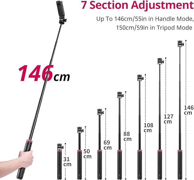 ULANZI MT-71 Tripod Selfie Stick & Vlog Handle with Magnetic Quick Release&1/4'' Screw, 59in Extendable Lightweight Tripod Stand (7-Section) for DJI Pocket 3/Insta360 X5 X4 X3 Series