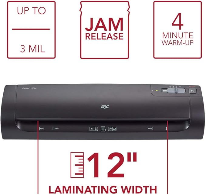 GBC Thermal Laminator Machine, Fusion 1000L, 12 Inch, 4 Min Warm-up, 3 or 5 Mil, with 10 EZUse Laminating Pouches for Home, Office and Classroom, Black (1703073)