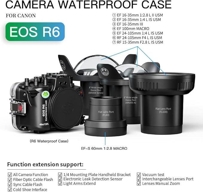 Sea frogs Underwater Camera Case Compatible with Canon EOS R6 60MM IPX8 40m/130ft Maximum Diving Depth Waterproof Camera Housing for Diving, Surfing, Rowing, Skiing