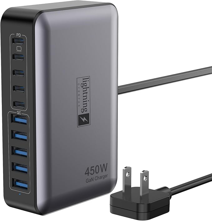 10 Ports USB C Charger Block, 450W USB Charging Station for Multiple Devices, 5 Type C + 5 USB A GaN PD Charger Hub, Compact Power Brick Super Fast Charging for MacBook, Ipad, iPhone, Samsung