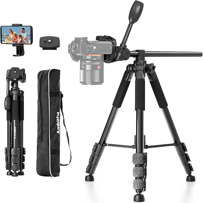Ambitful 62" Professional Camera Tripod, Black - Removable Horizontal Mount for DSLR/Phone/Camcorder/Spotting Scopes, Tall Video Recording