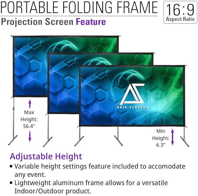 Akia Screens 120 inch Portable Outdoor Projector Screen with Stand and Bag 16:9 8K 4K Ultra HD 3D Adjustable Height Foldable Projection Screen Silver for Movie Video Home Theater AK-OS120H1