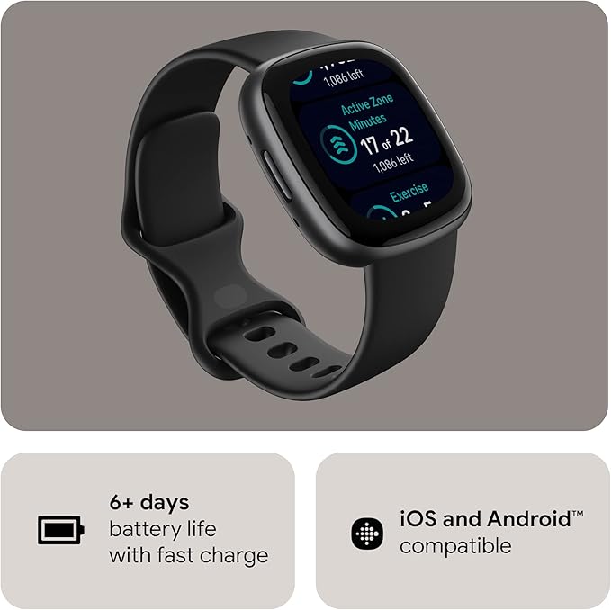 Fitbit Versa 4 Fitness Smartwatch with Daily Readiness, GPS, 24/7 Heart Rate, 40+ Exercise Modes, Sleep Tracking and more, Black/Graphite, One Size (S & L Bands Included)
