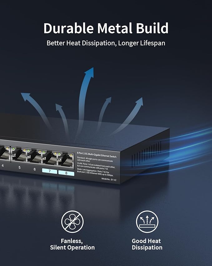 BrosTrend 2.5Gb Switch, Unmanaged 8 Port Ethernet Switch 2.5 Gigabit Supports Static Link Aggregation & VLAN, Fanless, Desktop Wall Mount, Multi Gig Splitter for Gaming, NAS, PC, Lifetime Protection