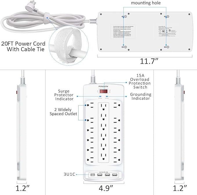 18 Outlets Surge Protector Power Strip - 20 Feet Flat Plug Heavy Duty Extension Cord with 18 Widely Outlets and 4 USB Ports, 2100 Joules, White, ETL Listed