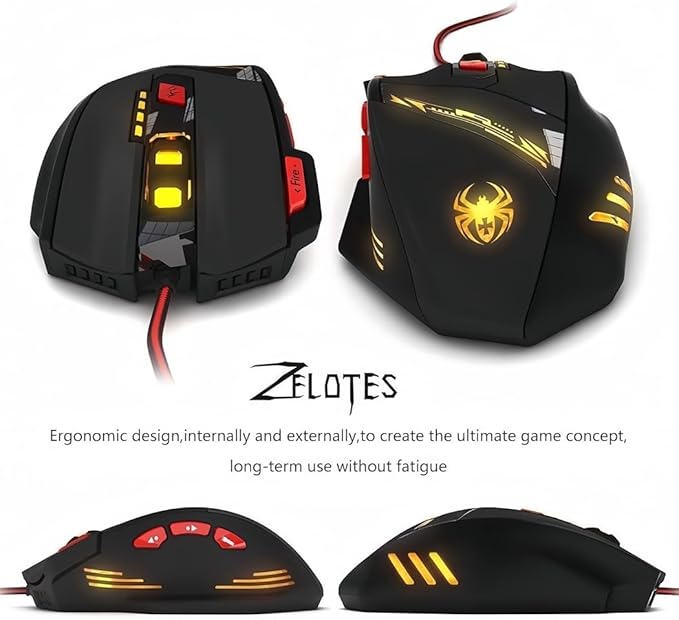 zelotes T90 Gaming Mouse 9200 DPI, 8 Programmable Buttons Multi-Modes LED Lights USB Gaming Mice, Weight Tuning for Laptop, Desktop, PC,- Black