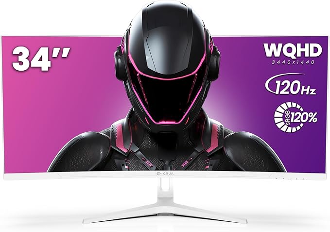 CRUA 34" Curved Gaming Monitor, WQHD 3440x1440, 120Hz Computer Monitors, 1500R VA Screen, 120% sRGB, AMD FreeSync, Blue Light Filter, HDMI 2.0 & DP 1.4, Wall Mountable Installs- White