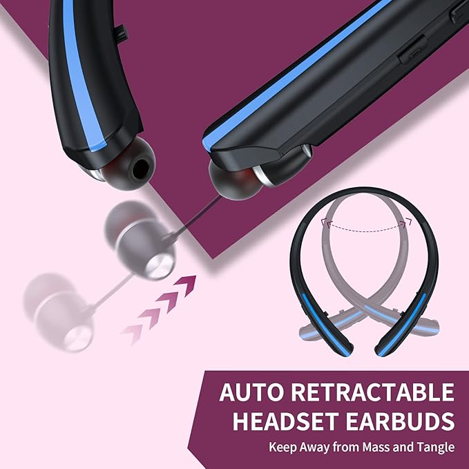 Bluetooth Retractable Headphones Wireless Neckband Headset with Sweatproof Stereo Earbuds for Running/Sports/Driving/Workouts (Black Blue)