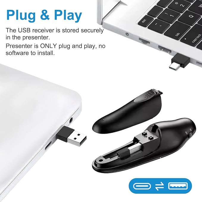USB/Type-C 2 in 1 Presentation Clicker for PowerPoint Presentation Remote, 2.4GHz Wireless Presenter Remote USB Google Slide Advancer PPT PowerPoint Clicker for Mac, Computer, Laptop