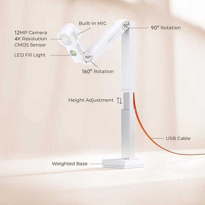 CZUR Fancy S Pro USB Document Camera for Teacher, 12MP 4K Webcam with Microphone and LED Light, Up to 60fps, Auto Focus, for Remote Teaching, Web Conference, for Mac and Windows, White
