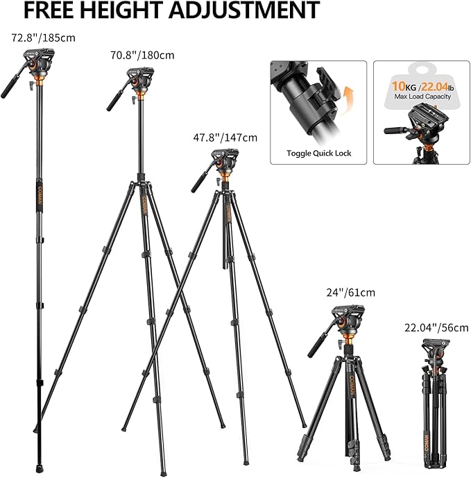 COMAN Camera Tripod with Fluid Head, 70.8" Detachable Compact Tripod with Monopod Aluminium Alloy and Quick Release Plate for DJI Canon Nikon Sony DSLR Camera Black Max Load 17.6lb