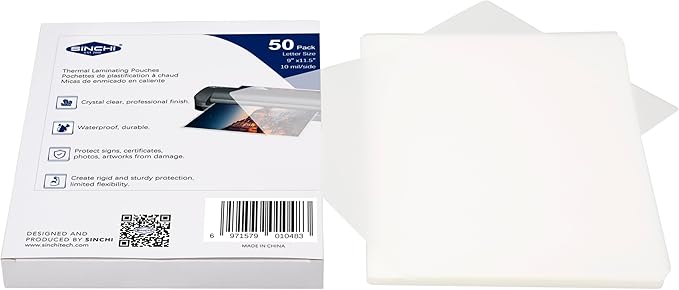SINCHI Thermal Laminating Pouch, 10 mil per Side, 9x11.5-Inches Letter Size, 50pcs Pack, Ultra Clear & Sturdy Laminating Sheets