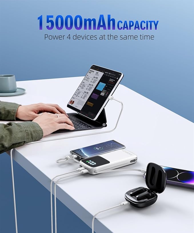 UYAYOHU Portable Charger, Power Bank, 15000mAh Battery Pack Fast Charging Lightweight, Built-in AC Wall Plug and 2 Output Cables with LED Display for iPhone15 14 13 12 11 Samsung iPad etc(White)
