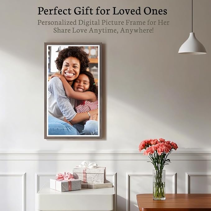 BSIMB 32 Inch Large Digital Picture Frame, Touchscreen 64GB 1920x1080 FHD WiFi Photo Frame Electronic Display Remote Control, Share Pictures/Videos via App/USB/SD Easy Setup Gifts for Mom, Dark Wood