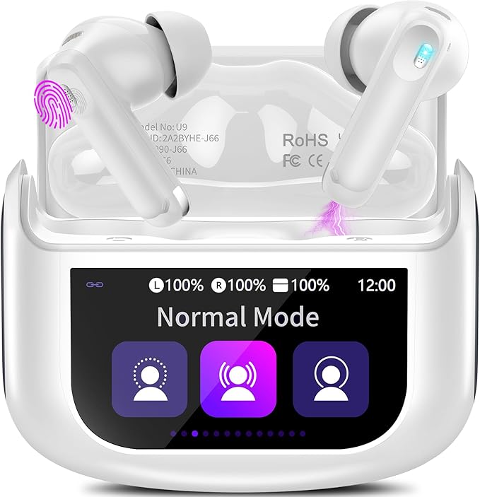 Wireless Earbuds, Bluetooth 5.4 Ear Buds with Multifunctional Touch Screen, 48H Bass Stereo Headphones with ANC/ENC Noise Cancelling/Transparency Mode, IPX7 Earphones with 5 EQ Modes, White