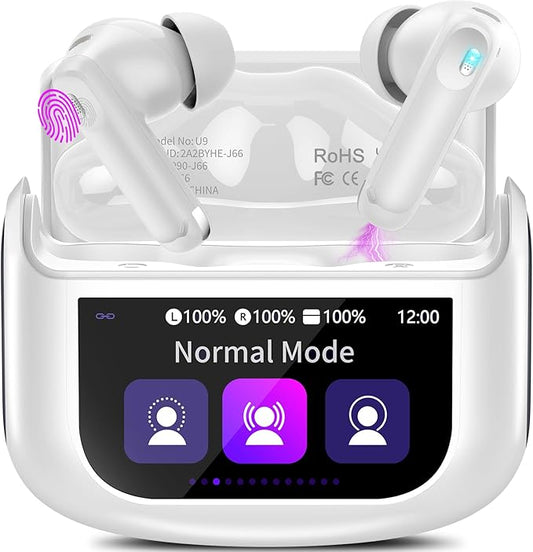 Wireless Earbuds, Bluetooth 5.4 Ear Buds with Multifunctional Touch Screen, 48H Bass Stereo Headphones with ANC/ENC Noise Cancelling/Transparency Mode, IPX7 Earphones with 5 EQ Modes, White