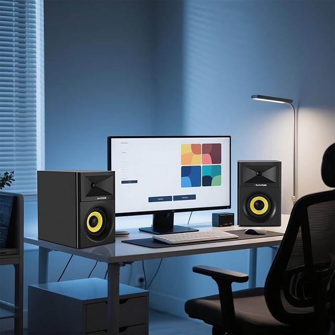 Sanyun SW205 4" Bookshelf Speakers | Immersive HiFi Audio with Virtual Surround | Flagship DAC/DSP Engine | Geometric Diffusion Cabinet | 80W, Bluetooth 5.4/Optical/AUX Inputs, Wireless Remote, Black