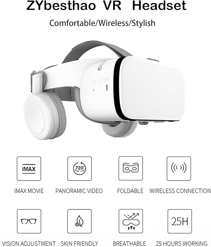 VR Headset for iPhone & Android Phones with Wireless Headphones, Virtual Reality Goggles Set for 4.5"-6.5" Phones，3D VR Glasses for IMAX Movies &VR Games