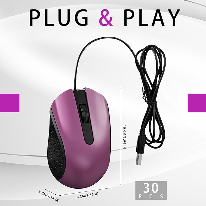 30 Pcs USB Wired Mouse Computer 3 Button Mice Bulk Corded USB Mouse for PC Desktop Laptop Computer Office School Home Classroom Supplies (Purple)