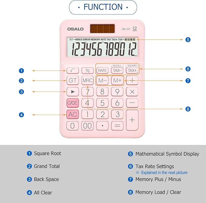Pocket Small Size Desk Calculator, 12 Digit Large LCD Display, Basic Tax Function Handheld Desktop Calculator with Solar Battery Dual Power, Perfect for Office, School, Business OS-12T (Pink)