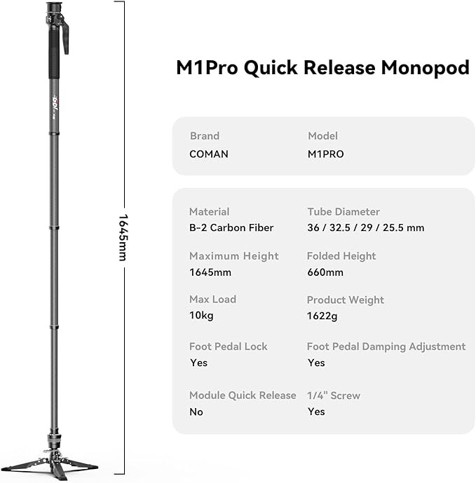 COMAN One-Click Lifting Carbon Fiber Monopod, M1 Pro Camera Monopod with Feet, 65'' Lightweight Travel Tripod with Quick Release Foot Lock for Camera, DSLR, Camcorder, Max Load 44lbs / 20kg