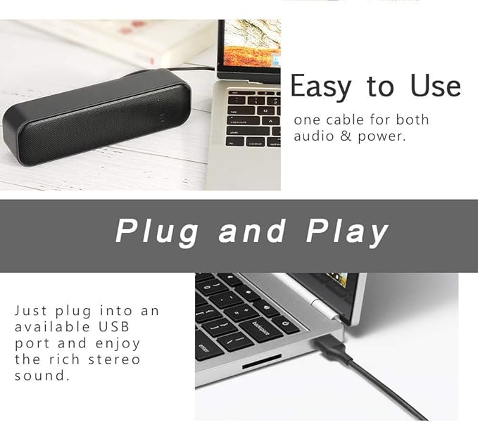 USB Computer Speaker for Desktop, USB Powered, Plug and Play, Soundbar Portable Mini PC Speaker for Desktop Computer and Windows PCs(Black)
