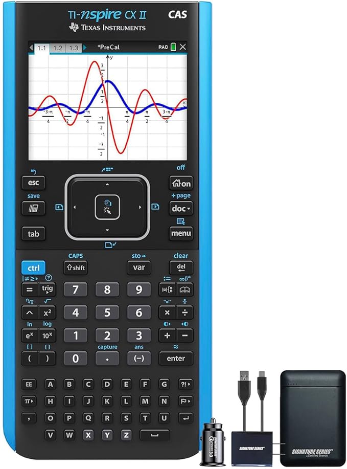 Texas Instruments TI-Nspire CX II CAS Graphing Calculator | Color Screen, 8 Built-in Apps, Python Programming, Included Software, for Math, Science and Finance | Signature Series Power Bundle
