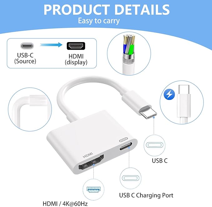 USB C to HDMI for TV, 4K@60Hz Type C to HDMI Adapter with Charging Port, iPhone to Hdmi to USB C Adapter Compatible for iPhone 16/15 Series/iPad Pro/Galaxy/MacBook Pro to HDTV Projector