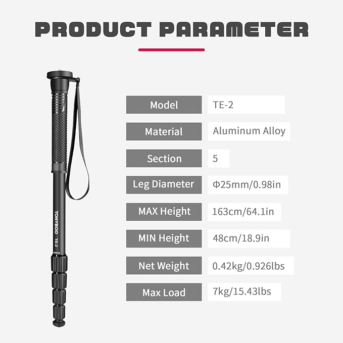 TONYBOO TE-2 65 inch Camera Monopod, Aluminum Photography Monopod with 5-Section Height Portable Compact Lightweight Travel Stick Pole,Camera Stand for DSLR Canon Nikon Sony, Easy to Carry