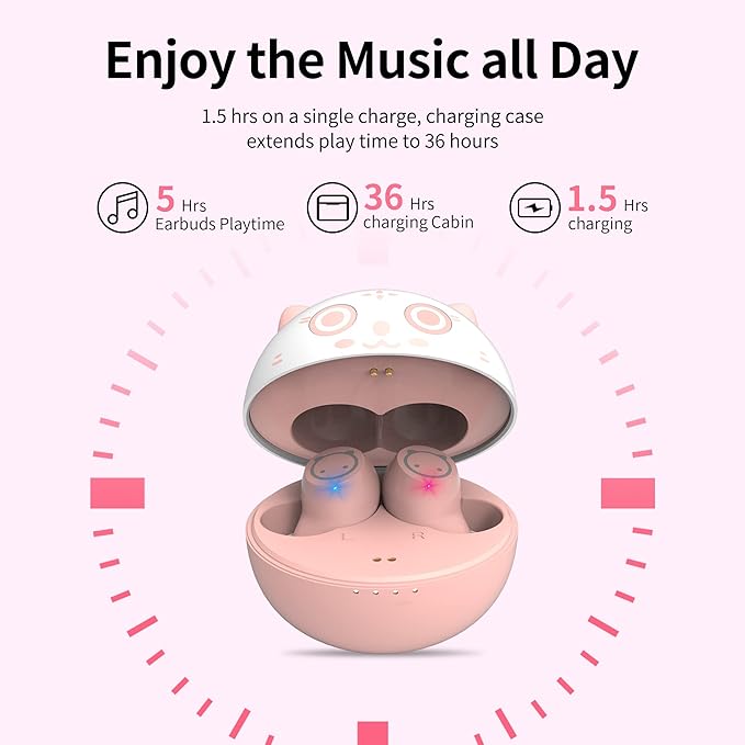 Kids Wireless Earbuds TWS Bluetooth 5.3 Headphones Touch Control with Pink Kitty Wireless Charging Case IPX5 Waterproof HiFi Stereo Headsets in-Ear Earphones Built-in Microphone