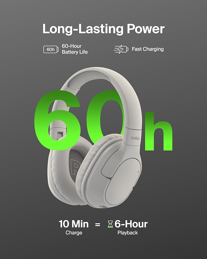 Belkin SoundForm Surround Bluetooth Over-Ear Headphones - Environmental Noise Cancelling Headphones - Wireless w/ 60H Playtime & Soft Ear Cups for iPhone, Galaxy, iPad, Travel, Home, or Office - Sand