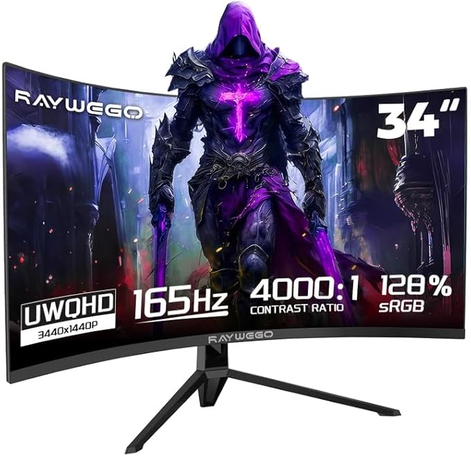 34'' Curved Gaming Monitor 165Hz UWQHD 3440×1440P Monitor,PIP/PBP, HDR, 300nits 1ms,127% sRGB FreeSync & Eye-Care, Support VESA,Tilt Adjustment,HDMI×2 & DP 1.4×2(DP Cable Included)