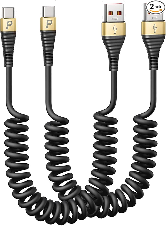 USB C Cable Fast Charging, 2Pack 3ft Coiled USB A to Type C Charge Cord for Car USB-C Charging Cable Compatible with iPhone 17/16/15/Pro/Samsung Galaxy S20 S10 Note 10 and Other USB C Devices-Gold