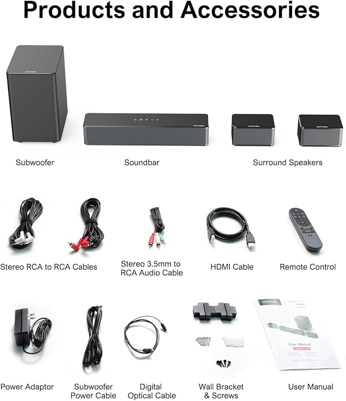 ULTIMEA 5.1Ch Sound Bar with Dolby Atmos, 410W Peak Power, Surround Sound System for TV, Sound Bar for Smart TV with Subwoofer, Surround and Bass Adjustable Home Theater, Poseidon D60, 2024 Version