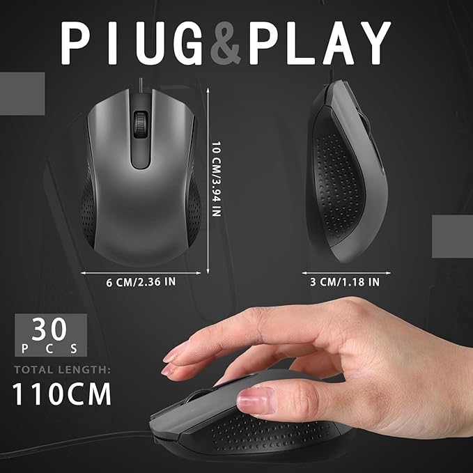 Bonuci 30 Pcs USB Wired Mouse Computer 3 Button Mice Bulk Corded USB Mouse for PC Desktop Laptop Computer Office School Home Classroom Supplies (Gray)
