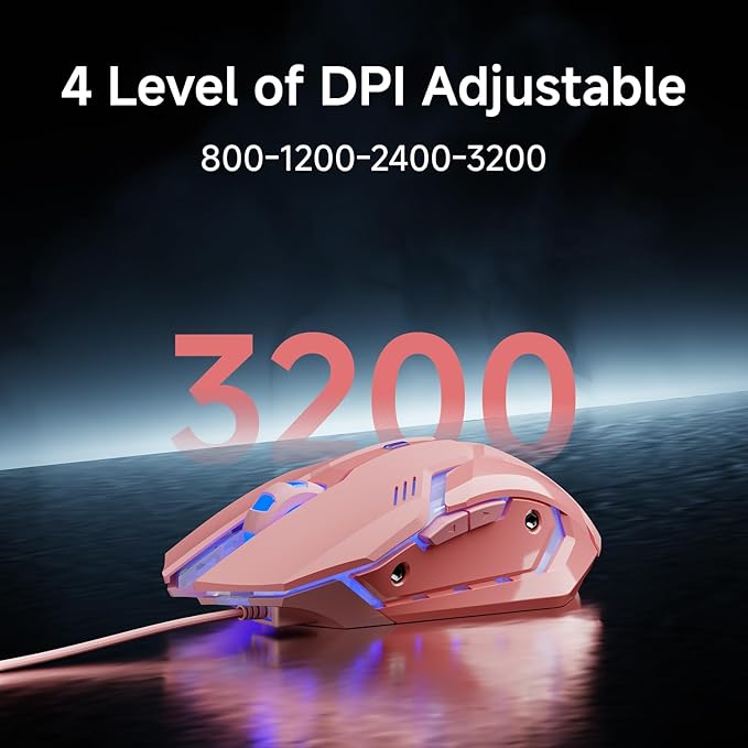 EWEADN G3 Wired Gaming Mouse, 2400 DPI Wired Optical Mouse with 6 Programmable Macro Buttons, Metal Base, 4-Color Breathing Light for PC/Laptop/Windows-Pink