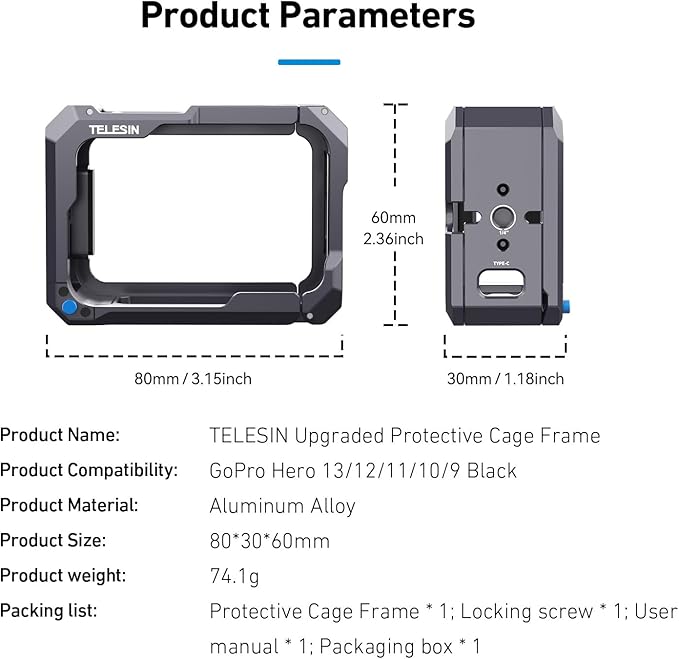 TELESIN Upgraded Aluminum Alloy Cage Frame Housing for Go Pro 13 12 11 10 9 Black, Supports Go Pro 13 Quick-Release System & Magnetic Charging, with 1/4" Thread & Cold Shoe for Video Light Microphone