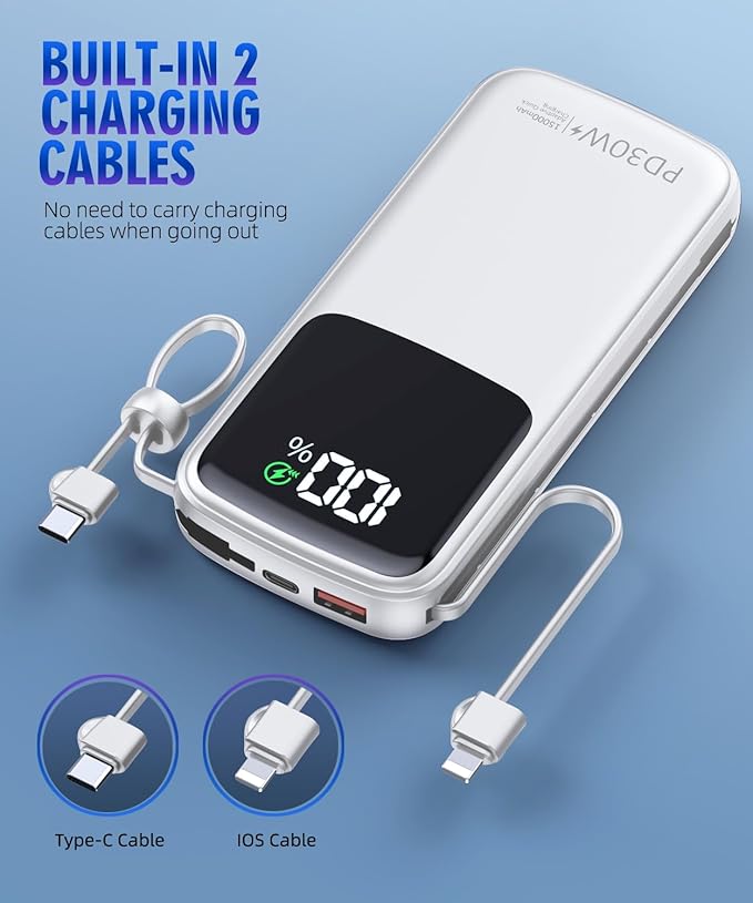 UYAYOHU Portable Charger, Power Bank, 15000mAh Battery Pack Fast Charging Lightweight, Built-in AC Wall Plug and 2 Output Cables with LED Display for iPhone15 14 13 12 11 Samsung iPad etc(White)