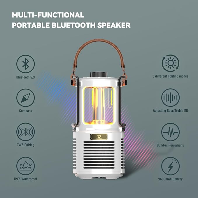 Dreamwave Outdoor Bluetooth Speakers, Portable Waterproof Speaker with LED Lights, IPX5 Waterproof, TWS Paring, Wireless Speaker Gifts for Men Women Party Camping Outdoor Beach Pool (White)