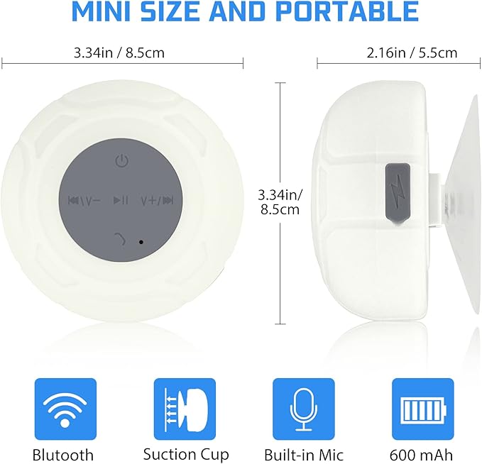 Waterproof Bluetooth Shower Speaker Portable Wireless Water-Resistant Speaker Suction Cup,Built-in Mic Gifts for Kids Speakerphone for iPhone Phone Tablet Bathroom Kitchen - White