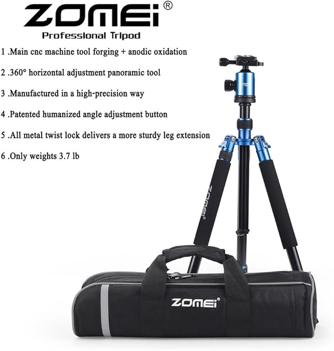 ZOMEI Z818 Tall Camera Tripod 65'' Aluminium Alloy Monopod with 360 Panorama Ball Head Quick Release Plate(Blue)